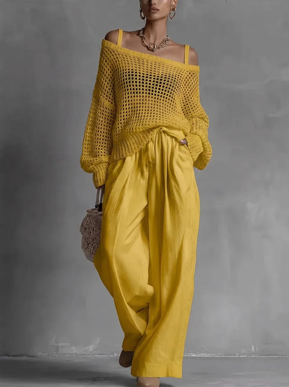 Women's Off-Shoulder Top and Wide-Leg Trouser Set - image 3