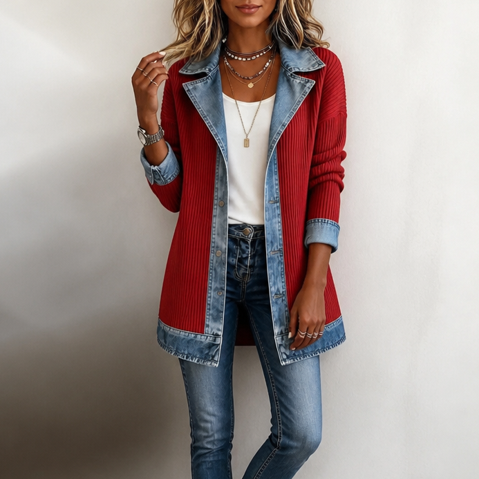Women's Ribbed Knit Longline Coat with Denim Look Panels and Lapels - image 11