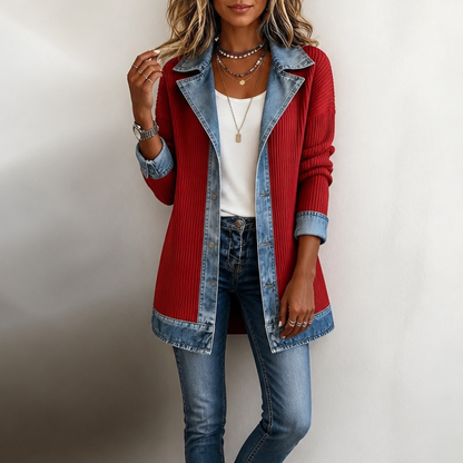 Women's Ribbed Knit Longline Coat with Denim Look Panels and Lapels - image 11
