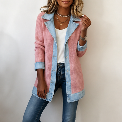 Women's Ribbed Knit Longline Coat with Denim Look Panels and Lapels - image 14