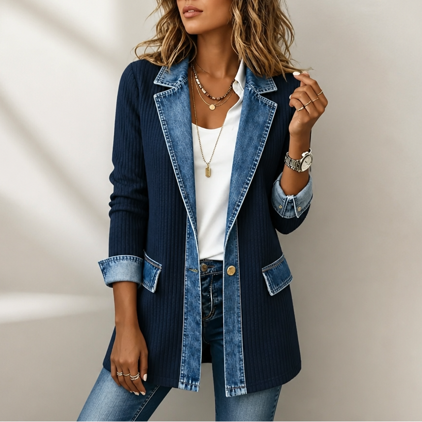 Women's Ribbed Knit Longline Coat with Denim Look Panels and Lapels - image 15