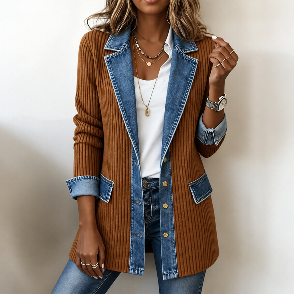 Women's Ribbed Knit Longline Coat with Denim Look Panels and Lapels - image 16