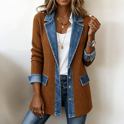 Women's Ribbed Knit Longline Coat with Denim Look Panels and Lapels - image 16
