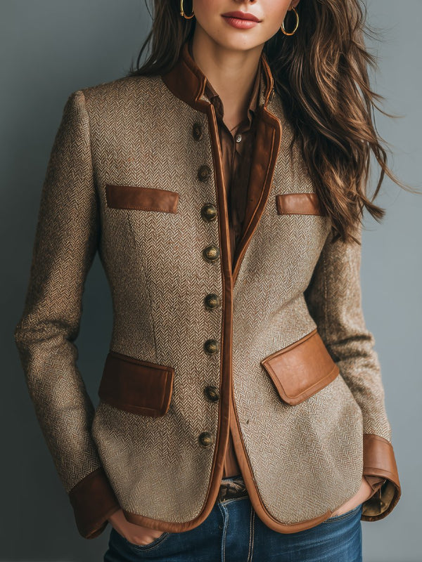 Women's Herringbone Tweed Look Jacket with Leather Look Trim - image 1