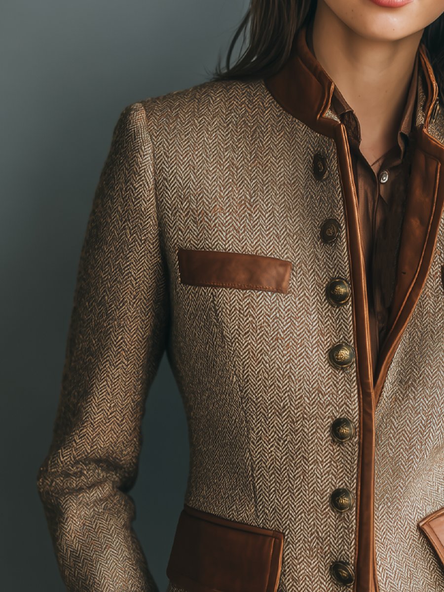 Women's Herringbone Tweed Look Jacket with Leather Look Trim - image 2