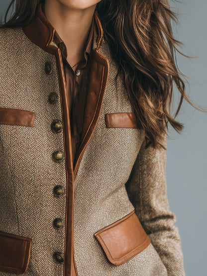 Women's Herringbone Tweed Look Jacket with Leather Look Trim - image 3