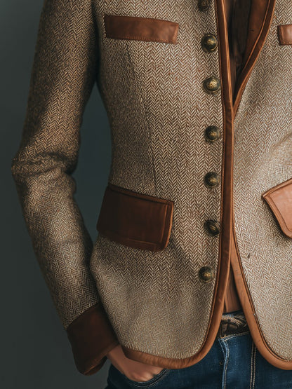 Women's Herringbone Tweed Look Jacket with Leather Look Trim - image 4